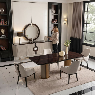Coin repas Salle à manger Set de salle à manger Table de salle à manger de luxe Chaises Beige Bois Ensemble de 9 pièces