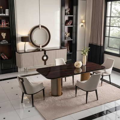 Coin repas Salle à manger Set de salle à manger Table de salle à manger de luxe Chaises Beige Bois Ensemble de 9 pièces
