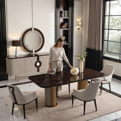 Ensemble repas de luxe Salle à manger Table à manger Dinette Chaises Beige Ensemble en bois 7 pièces