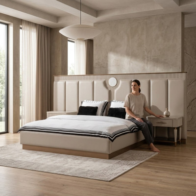 Suite Chambre Lit double Lit Tables de chevet Ensemble 3 pièces Tissu beige