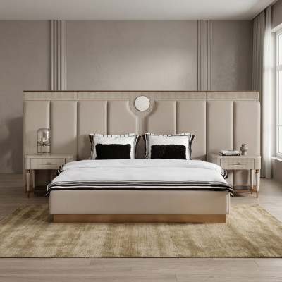 Suite Chambre Lit double Lit Tables de chevet Ensemble 3 pièces Tissu beige