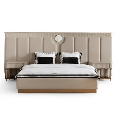 Suite Chambre Lit double Lit Tables de chevet Ensemble 3 pièces Tissu beige