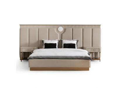 Suite Chambre Lit double Lit Tables de chevet Ensemble 3 pièces Tissu beige