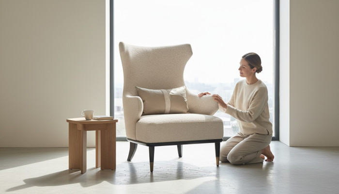 Chaise à ailes moderne luxueuse Fauteuil crapaud à une place de luxe en tissu beige moderne Salon moderne
