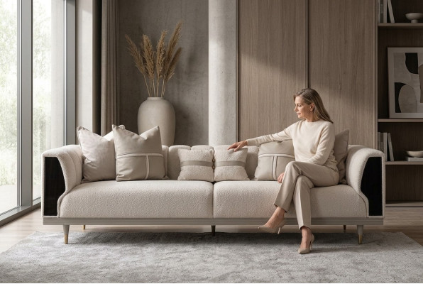 Luxury Three Seater Sofa 3 Seater Beige Upholstered Sofa Fabric Sofa Modern Sofa Canapé trois places de luxe Canapé trois places en tissu beige Canapé rembourré Canapé moderne