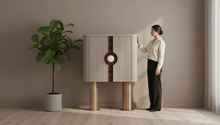 Armoire à bar bois beige design de réception en bois bouteilles bar