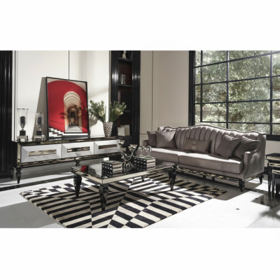 Canapé Suite 4 Places Canapé en Tissu Table Basse Grise Ensemble de 3 Pièces Support TV