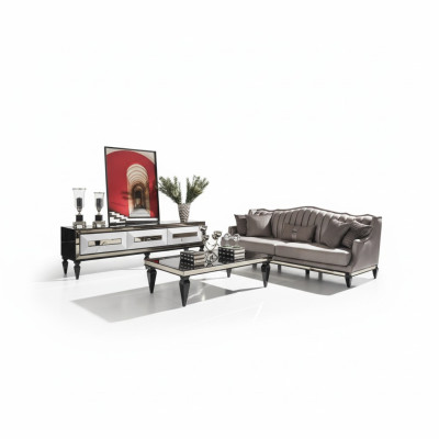 Canapé Suite 4 Places Canapé en Tissu Table Basse Grise Ensemble de 3 Pièces Support TV