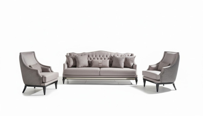 Ensemble de canapé 3 places en tissu gris comprenant un canapé et 3 fauteuils.