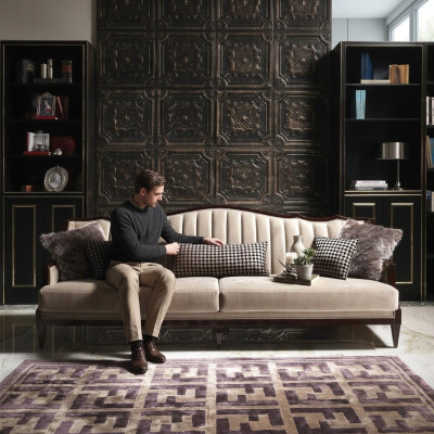 Canapé en tissu Sofa 4 places Gris Canapé rembourré Luxe quatre places Design en bois