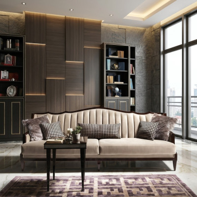 Canapé en tissu Sofa 4 places Gris Canapé rembourré Luxe quatre places Design en bois