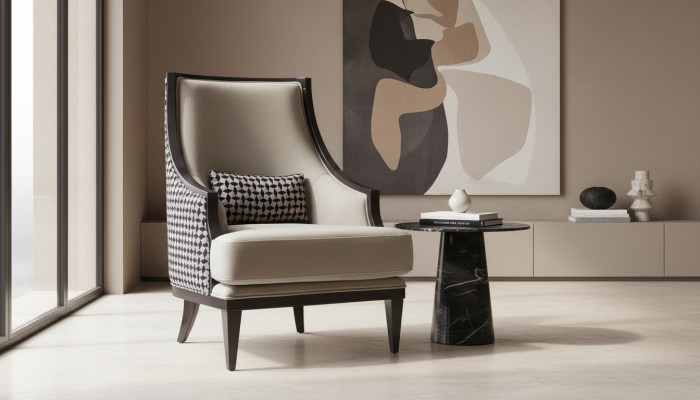Fauteuil à oreilles fauteuil individuel en tissu gris classique au salon.