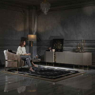 Groupe Fauteuil de salon Table d'appoint Beige Tissu Support TV Ensemble 3 pièces