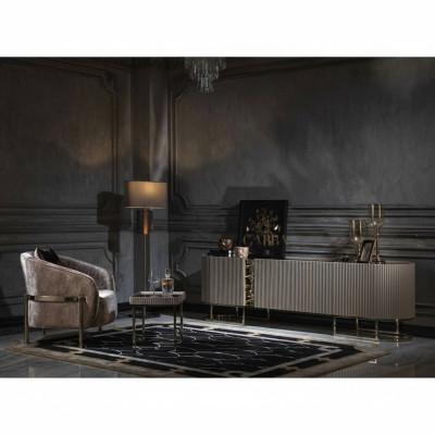 Groupe Fauteuil de salon Table d'appoint Beige Tissu Support TV Ensemble 3 pièces