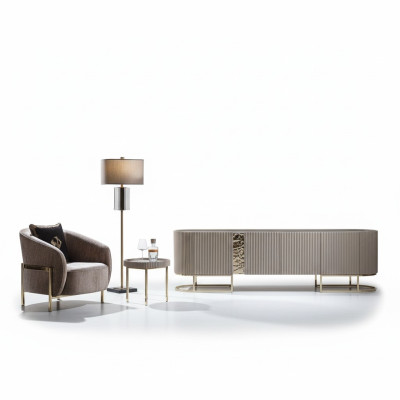 Groupe Fauteuil de salon Table d'appoint Beige Tissu Support TV Ensemble 3 pièces