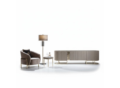 Groupe Fauteuil de salon Table d'appoint Beige Tissu Support TV Ensemble 3 pièces