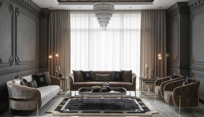 Grand ensemble de canapé suite trois places fauteuil beige en tissu tables 5 pièces