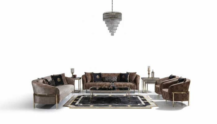Grand ensemble de canapé suite trois places fauteuil beige en tissu tables 5 pièces