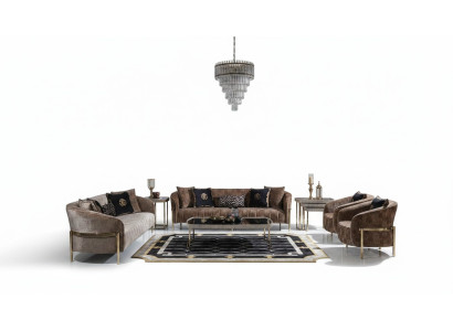Grand ensemble de canapé suite trois places fauteuil beige en tissu tables 5 pièces