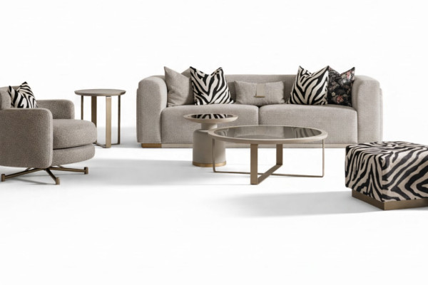 Ensemble de canapé quatre places et fauteuil en tissu, tables basses, ensemble gris de 6 pièces.