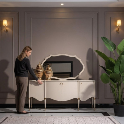 Groupe Buffet avec Petit Buffet Miroir Armoire en Bois Beige Commode Ensemble