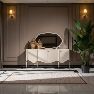 Groupe Buffet avec Petit Buffet Miroir Armoire en Bois Beige Commode Ensemble