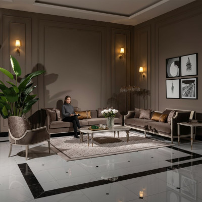 Ensemble de canapé quatre places, table basse à quatre sièges, canapé en tissu fauteuil marron en quatre pièces