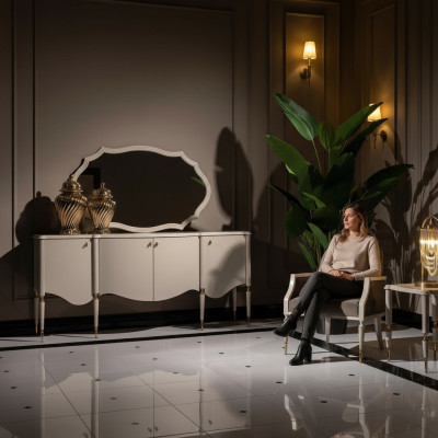 Salon Ensemble de 4 pièces Fauteuil Table d'appoint Buffet Miroir Beige