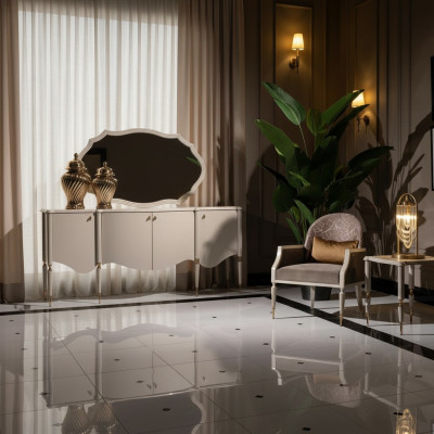 Salon Ensemble de 4 pièces Fauteuil Table d'appoint Buffet Miroir Beige