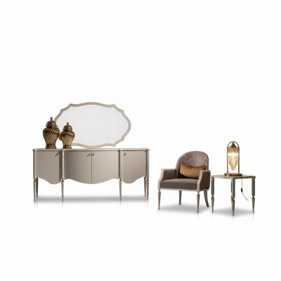Salon Ensemble de 4 pièces Fauteuil Table d'appoint Buffet Miroir Beige