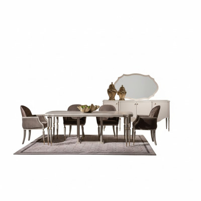 Ensemble repas, dinette. Table à manger Chaises 9 pièces Salle à manger Beige Bois Buffet