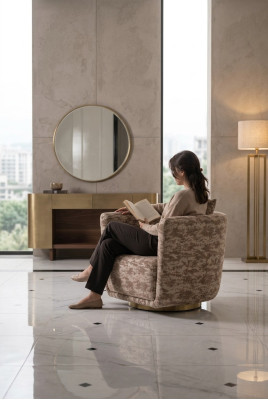 Suite Salon Fauteuil Commode Miroir Tissu Beige Bois Détente 3 pièces
