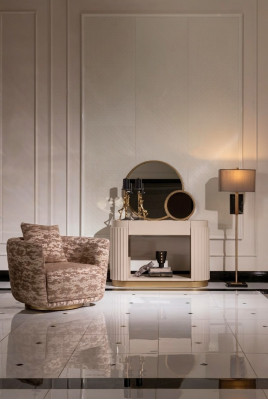 Suite Salon Fauteuil Commode Miroir Tissu Beige Bois Détente 3 pièces