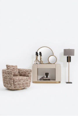 Suite Salon Fauteuil Commode Miroir Tissu Beige Bois Détente 3 pièces