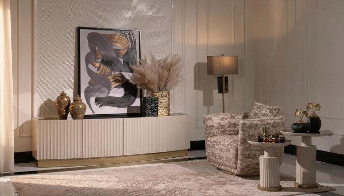 Salle de séjour Complet Fauteuil Buffet Tables basses Ensemble 4 pièces Beige