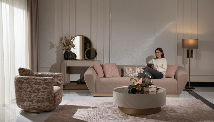 Canapé en tissu Suite Canapé 3 places Fauteuil Table basse en tissu beige 3 pièces