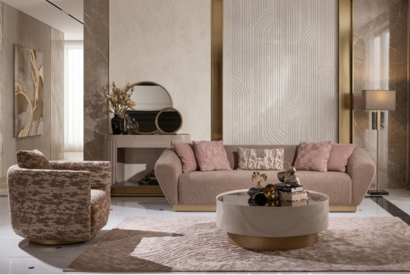 Canapé en tissu Suite Canapé 3 places Fauteuil Table basse en tissu beige 3 pièces