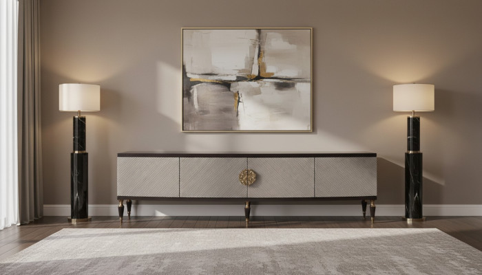 Buffet télé Meuble TV Bas TV Stand Armoire Bois Gris Salon
