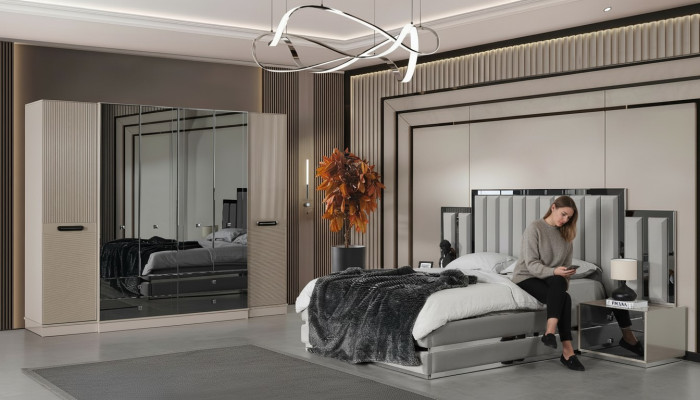 Complète Chambre Lit double Lit Tables de chevet 4 pièces Gris Armoire