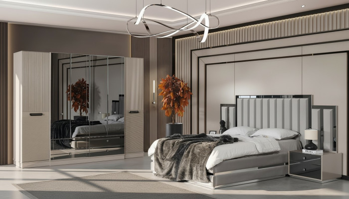 Complète Chambre Lit double Lit Tables de chevet 4 pièces Gris Armoire