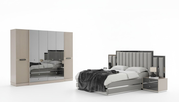 Complète Chambre Lit double Lit Tables de chevet 4 pièces Gris Armoire