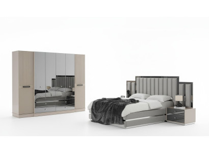 Complète Chambre Lit double Lit Tables de chevet 4 pièces Gris Armoire