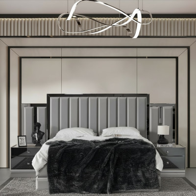 Chambre principale Lit double Lit Tables de chevet 3pcs Gris Armoire