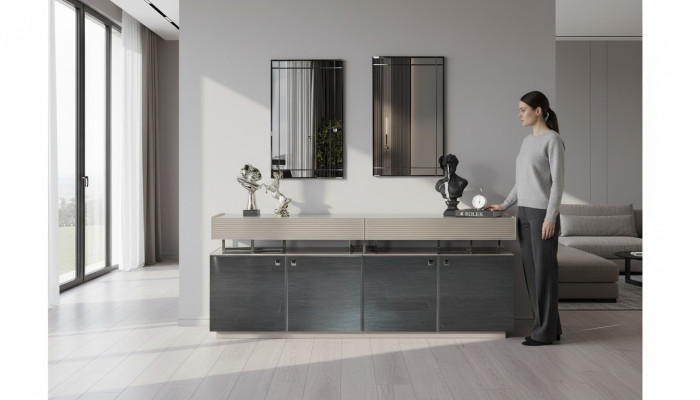 Buffet avec miroir Ensemble de buffet Armoire moderne Commode Gris