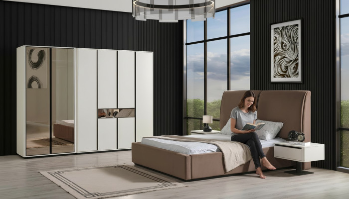 Ensemble de chambre à coucher Lit double Lit Tables de chevet 4 pièces Beige Armoire