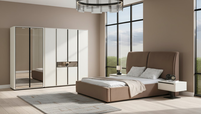 Ensemble de chambre à coucher Lit double Lit Tables de chevet 4 pièces Beige Armoire