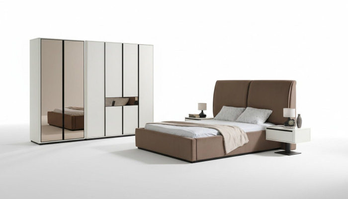 Ensemble de chambre à coucher Lit double Lit Tables de chevet 4 pièces Beige Armoire
