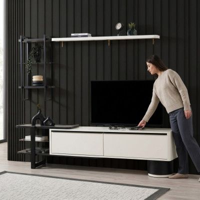 Salle de séjour Meuble TV Buffet bas Meuble TV Armoire Bois Blanc Étagères Unité murale