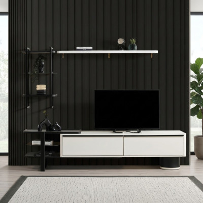 Salle de séjour Meuble TV Buffet bas Meuble TV Armoire Bois Blanc Étagères Unité murale