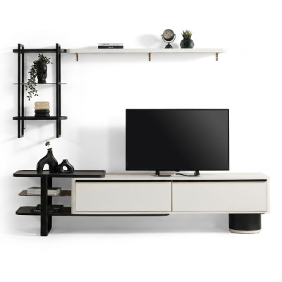 Salle de séjour Meuble TV Buffet bas Meuble TV Armoire Bois Blanc Étagères Unité murale